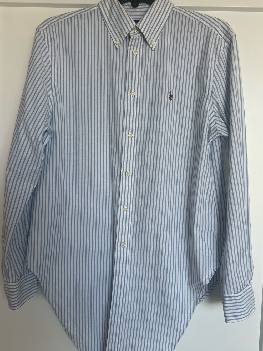 Ralph Lauren Button-Down Drop/Tie Front Shirt, Blue/White Pinstripe, Size Medium - Picture 2 of 5